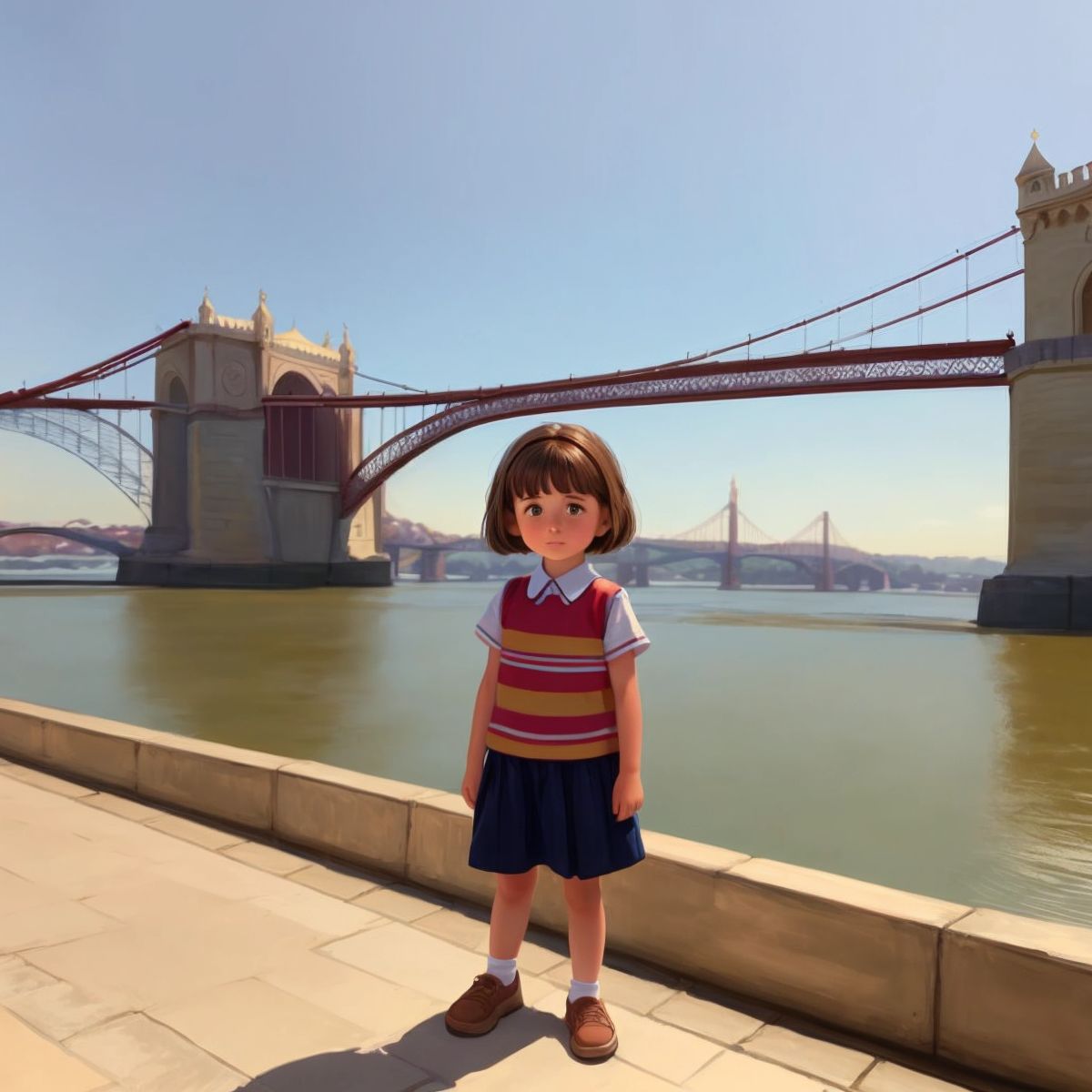 Nina standing in front of the grand bridge of Lisbon, with the bridge stretching out behind her.