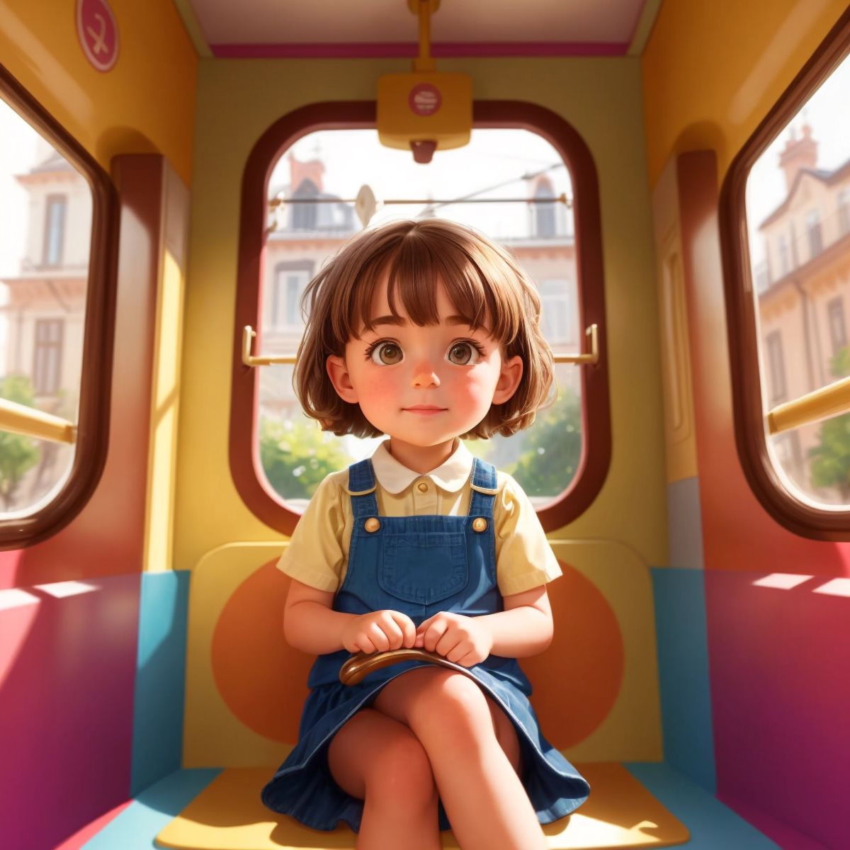 Nina sitting inside a colorful tram, looking out the window with wide, excited eyes.
