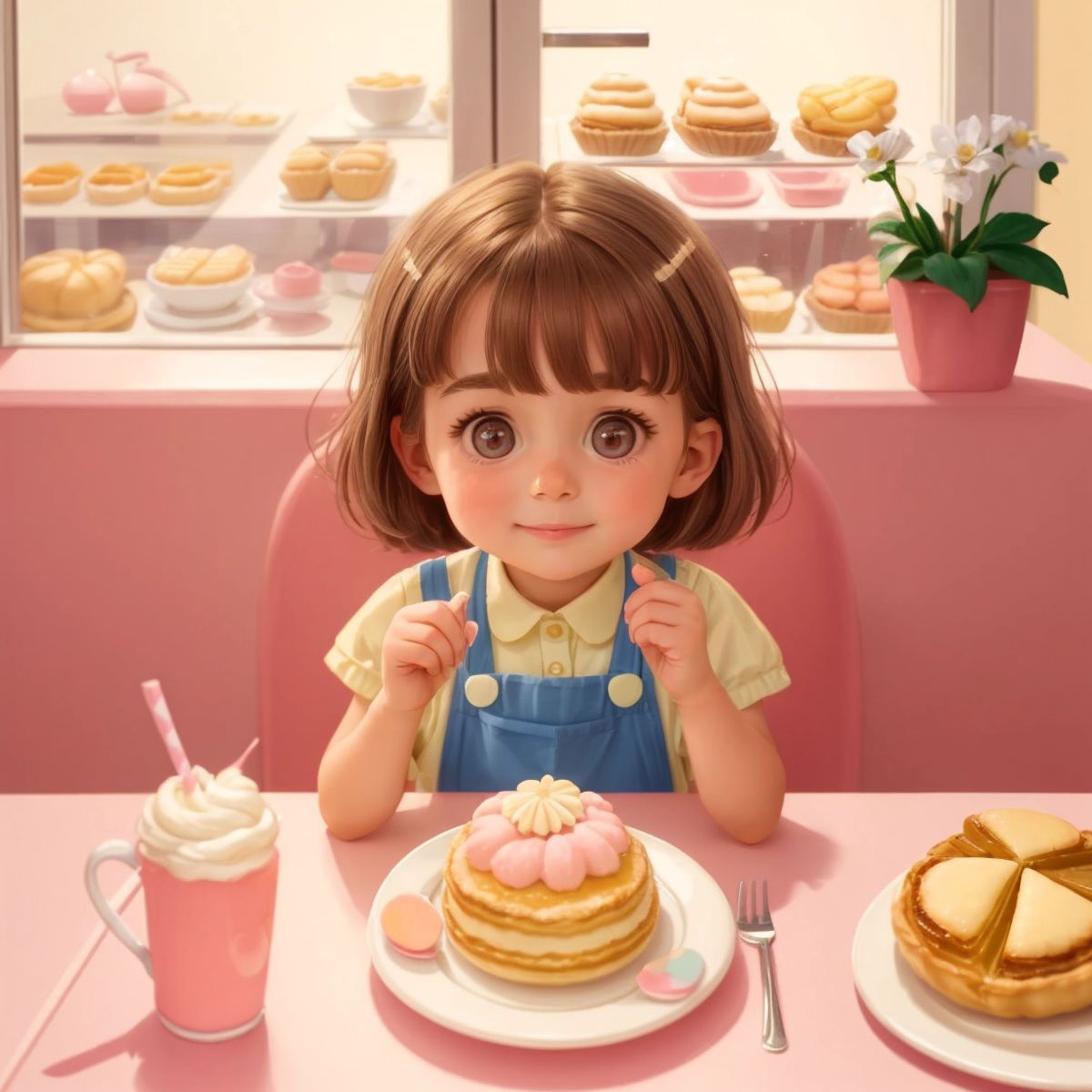 Nina sitting in a pasteleria, with a pastel de nata in front of her, eyes sparkling with delight.