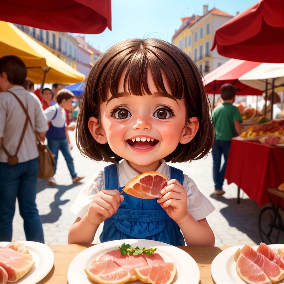 A delighted Nina about to bite into a piece of Portuguese ham at a Lisbon street market.