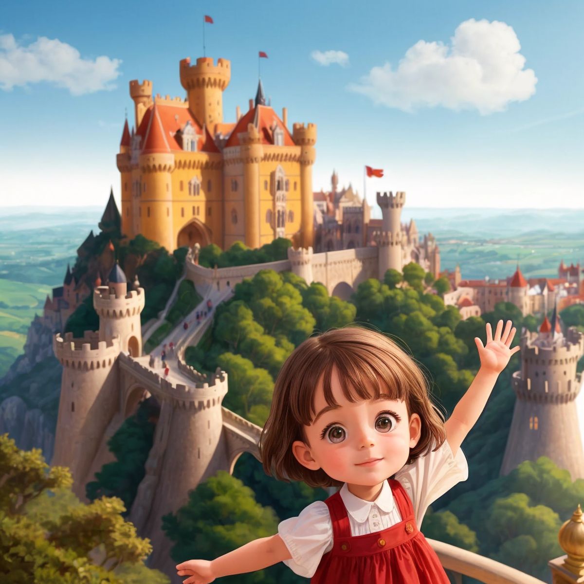 Nina waving from the top of the grand Sintra castle, with the castle's majestic architecture in the background.
