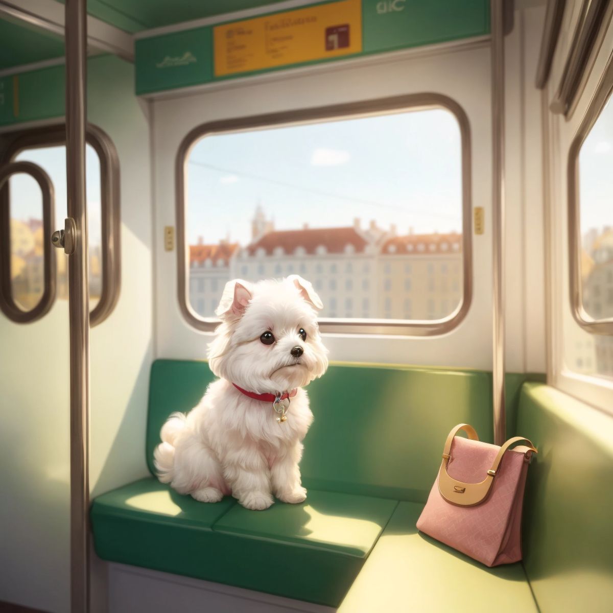 Ariel sitting contentedly in a tram, looking out as the Lisbon scenery passes by the window.