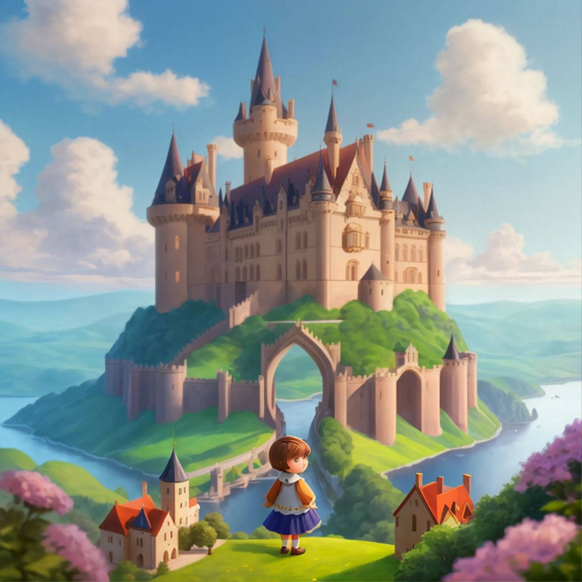 A grand castle towers over the landscape, with Nina peeking out from one of its turrets, eyes wide with wonder.