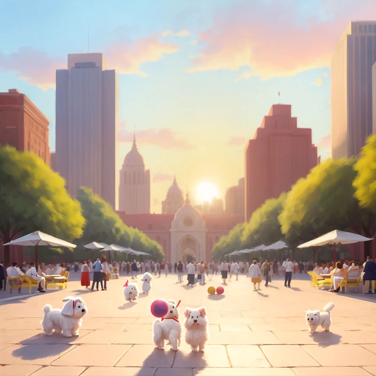 A bustling plaza under the sunrise, with Ariel in the foreground, playing joyfully with a ball.