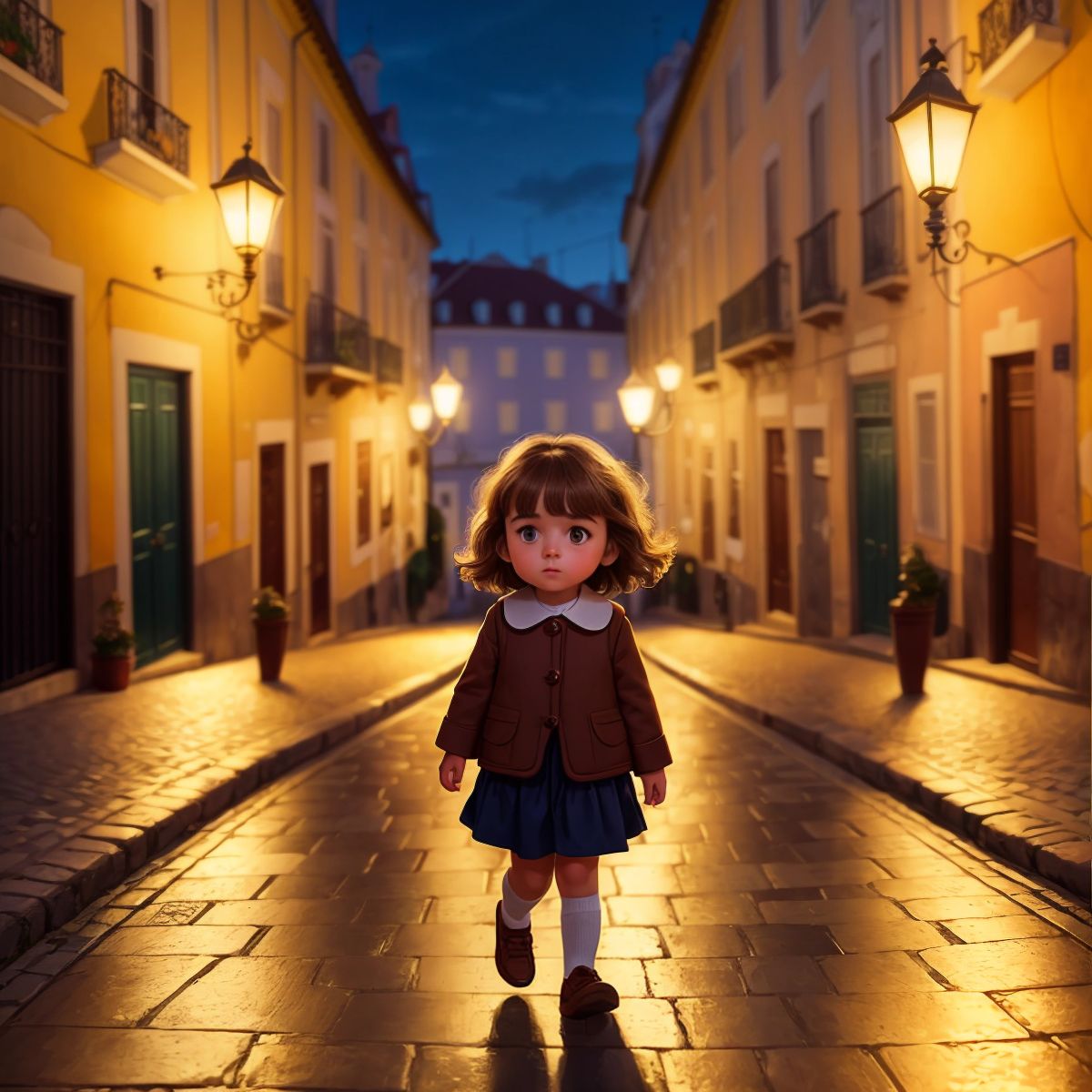 Nina walking through the lamplit streets of Lisbon at night, her face reflecting the warm glow and wonder.