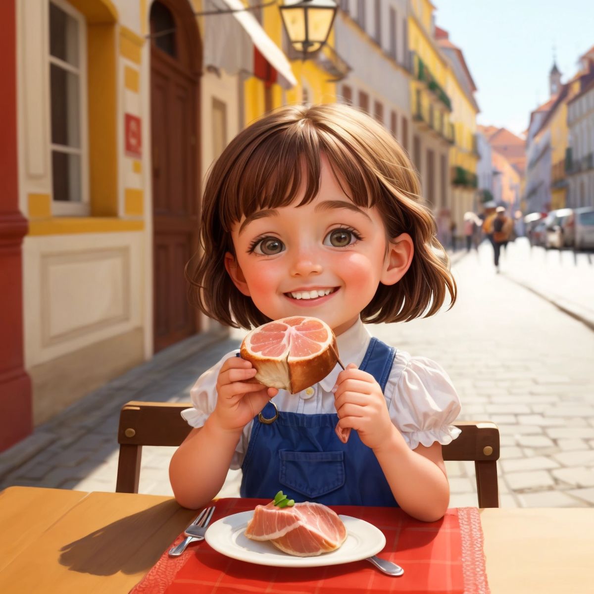 Nina sitting at a small Portuguese café table, smiling as she takes a bite of the delicious ham, with the street life of Lisbon in the background.