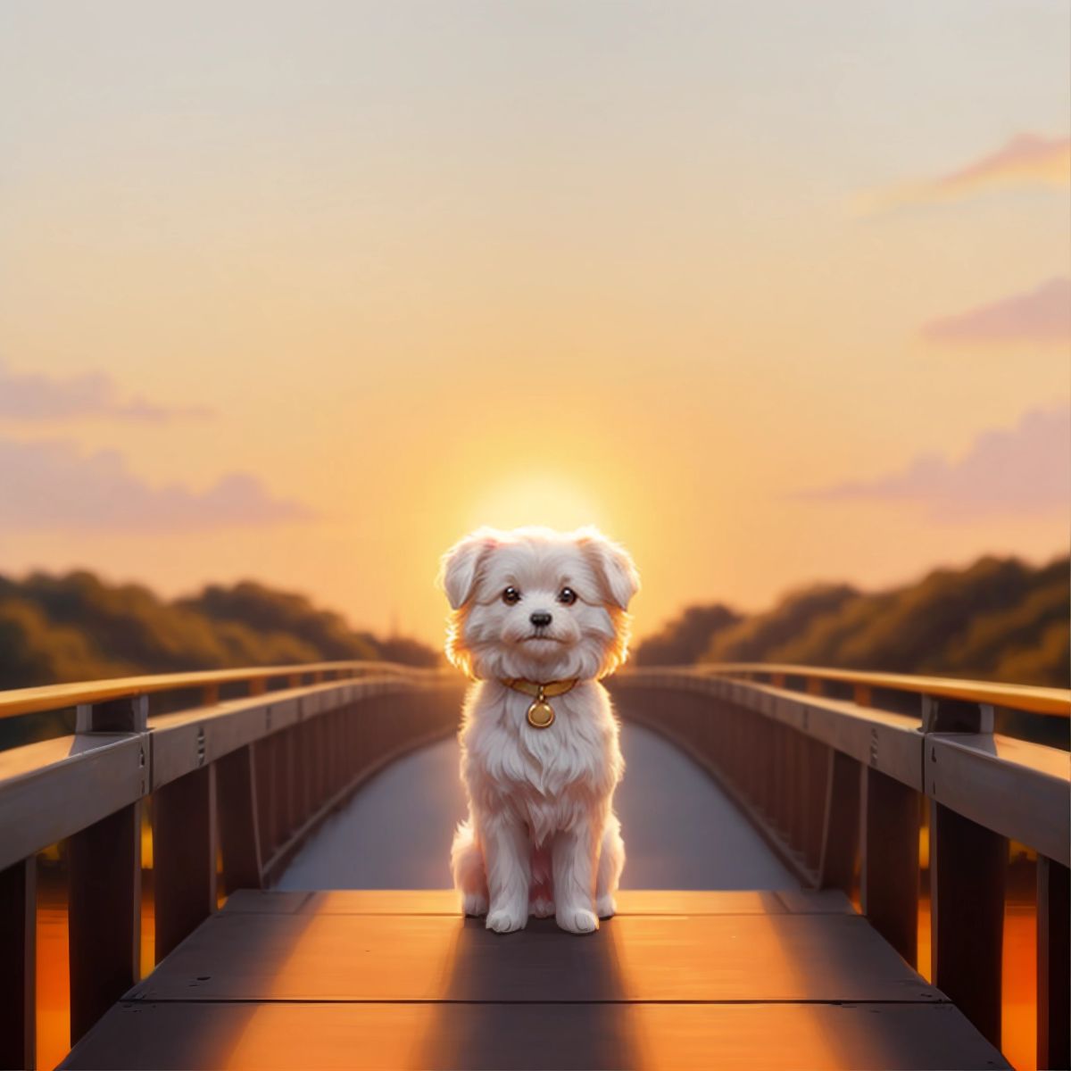 The silhouette of Ariel standing on a bridge, gazing at the sunset sky that's filled with shades of orange and gold.