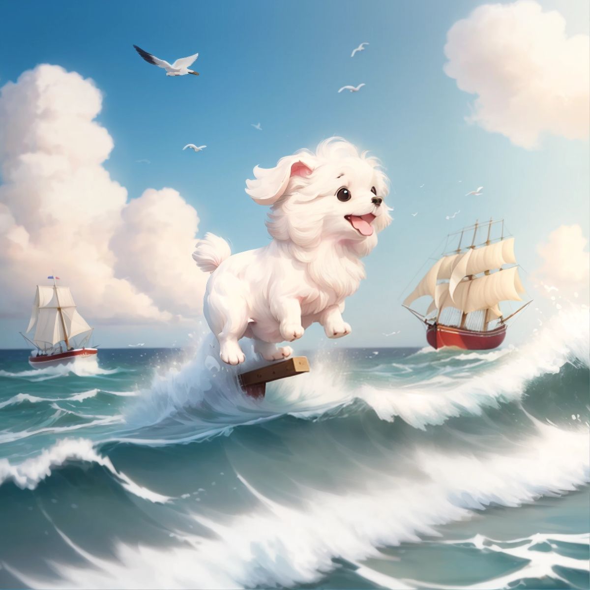 Ariel playfully chasing the waves at the ocean's edge, with seagulls overhead and a ship on the horizon.