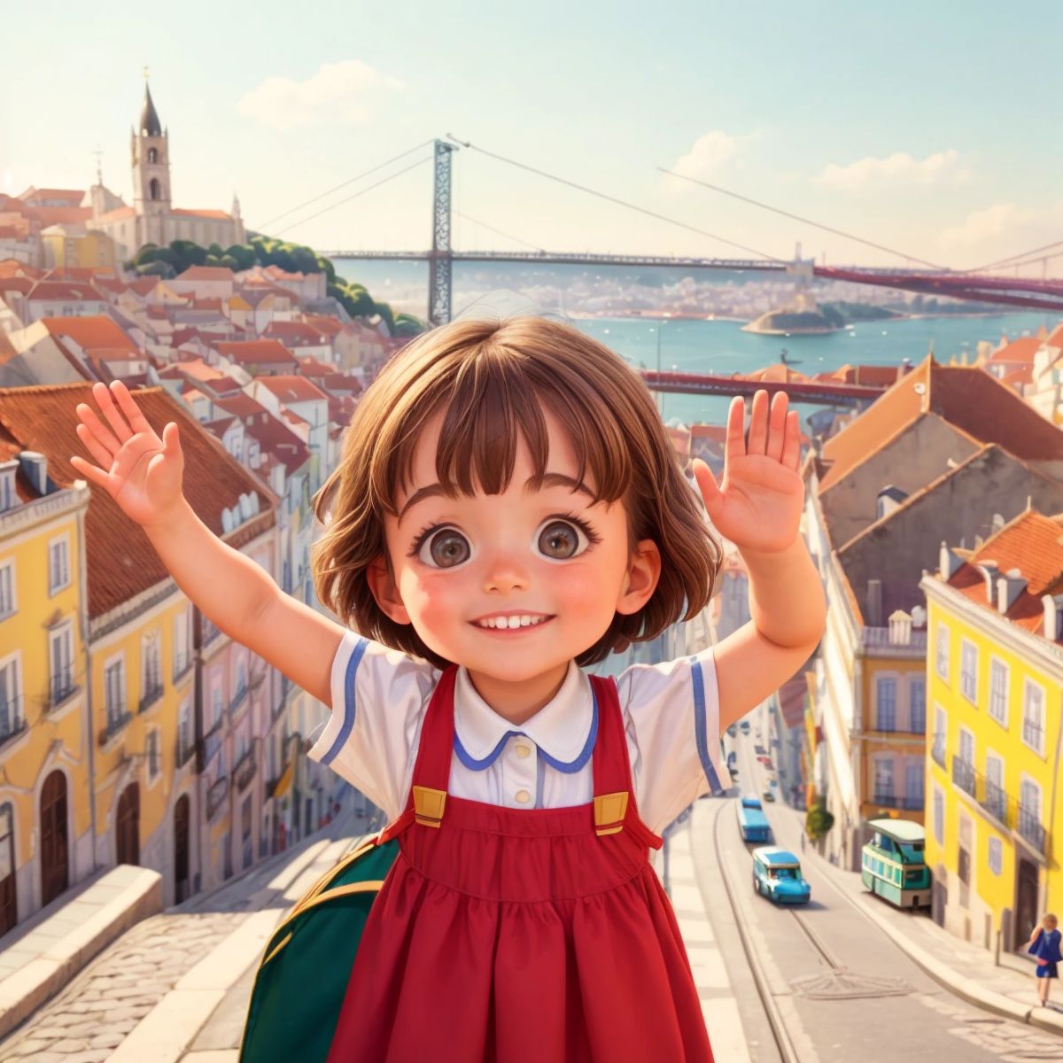 Nina waving goodbye to the city of Lisbon, with the iconic tram and Lisbon's skyline in the background, a nostalgic smile on her face.