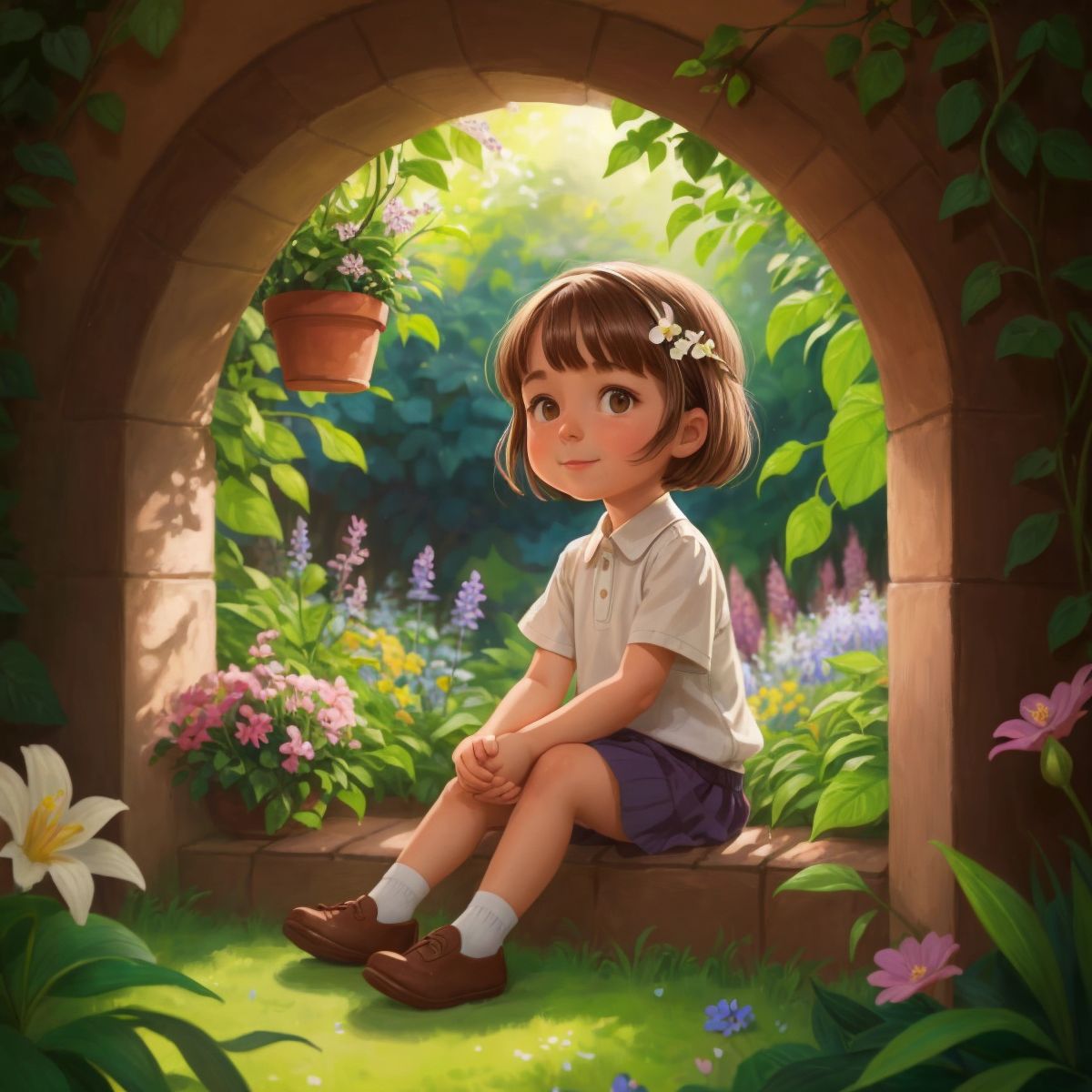 Nina sitting peacefully in a secluded garden nook, surrounded by lush flowers and vines, a serene smile on her face.