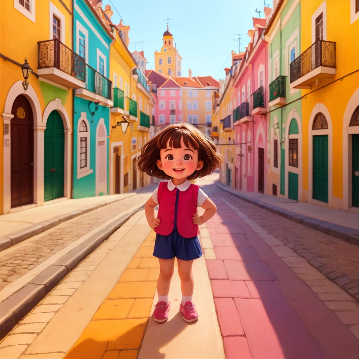 Nina standing in the colorful streets of Lisbon, with a background of vibrant buildings, her face beaming with excitement.