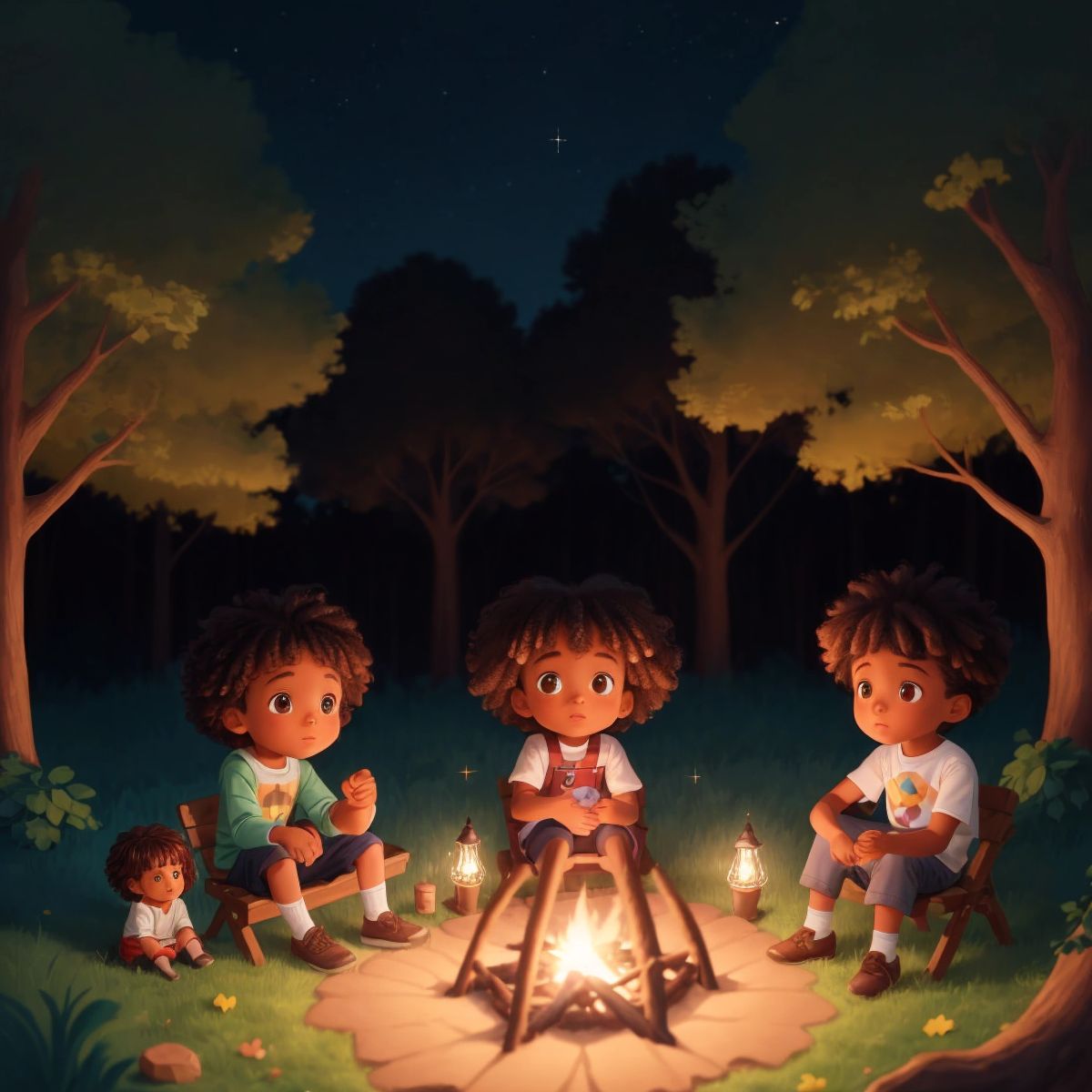 Emma, Theo, and Oliver sitting around a campfire with sparkles in their eyes, captivated by a story, with the silhouettes of trees under the night sky.