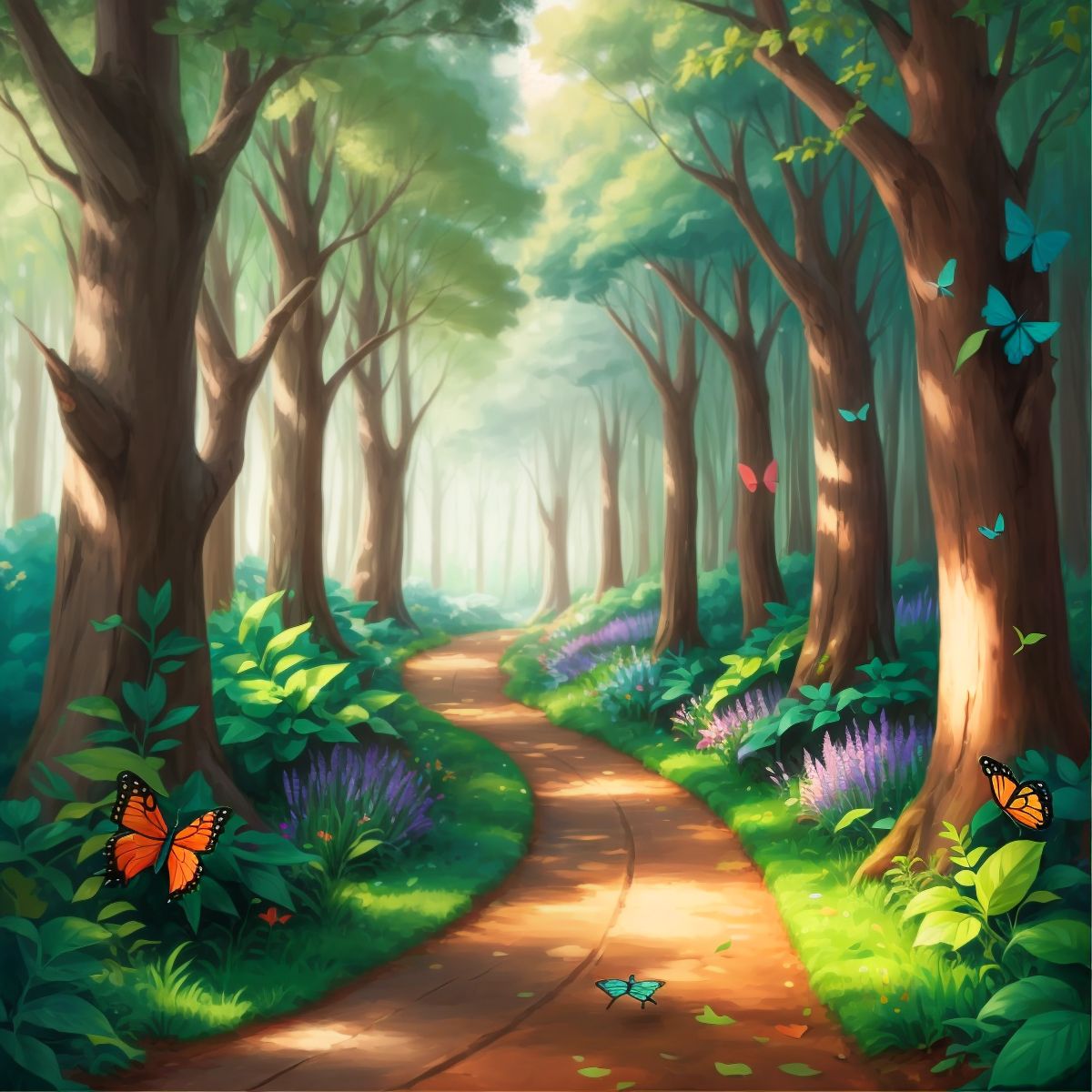 A winding forest path surrounded by trees, with colorful butterflies fluttering in the air.