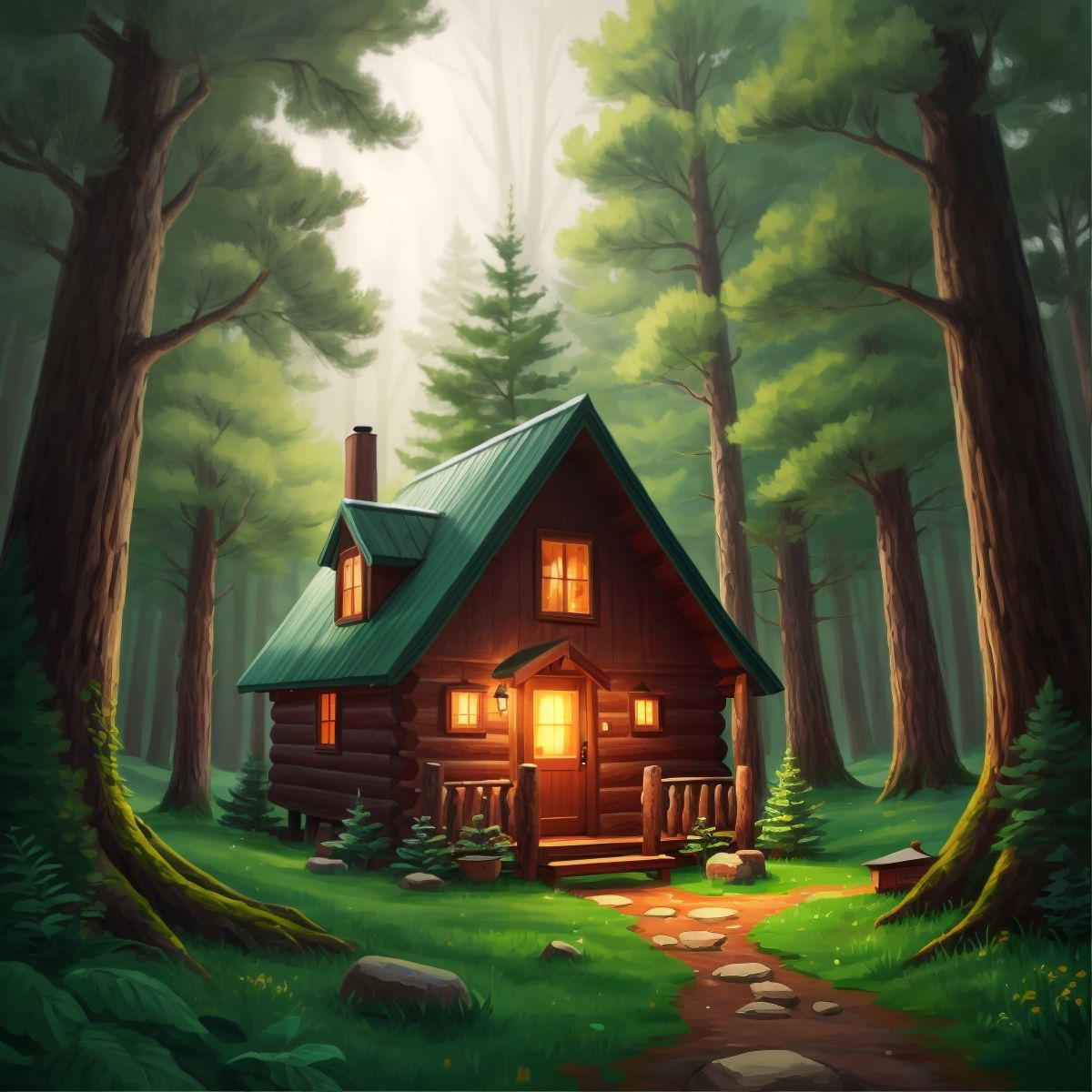 The cozy cabin surrounded by trees with no characters in view.