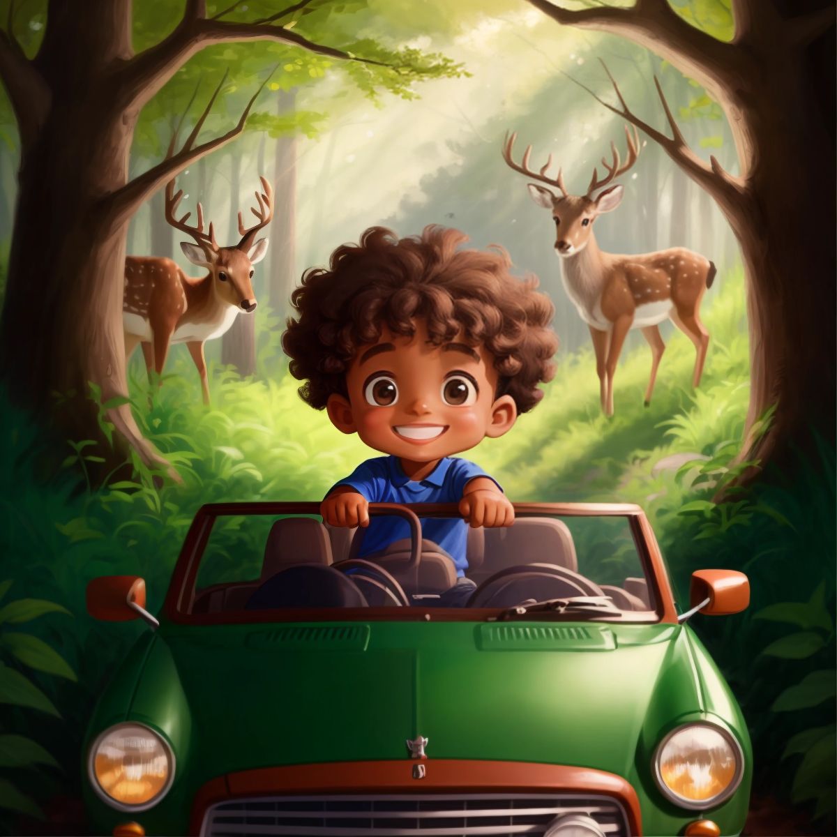 Theo gazing out of the car window with a smile at a deer in the forest.