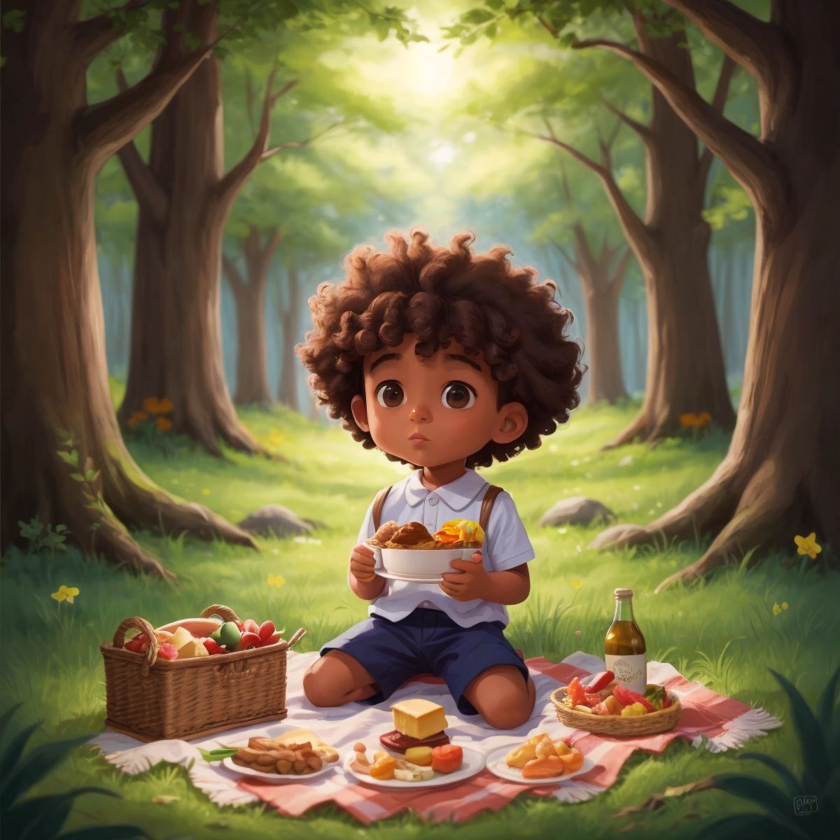 Theo having a picnic in the woods