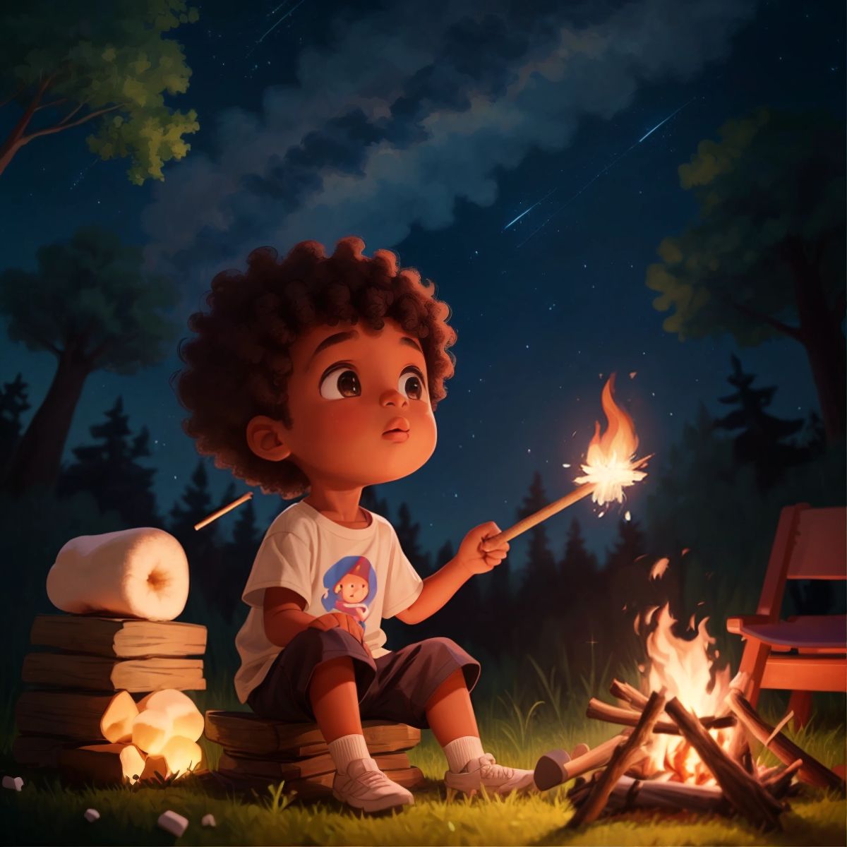 Theo, with marshmallow on a stick, looking up in wonder at the stars while sitting by a campfire.