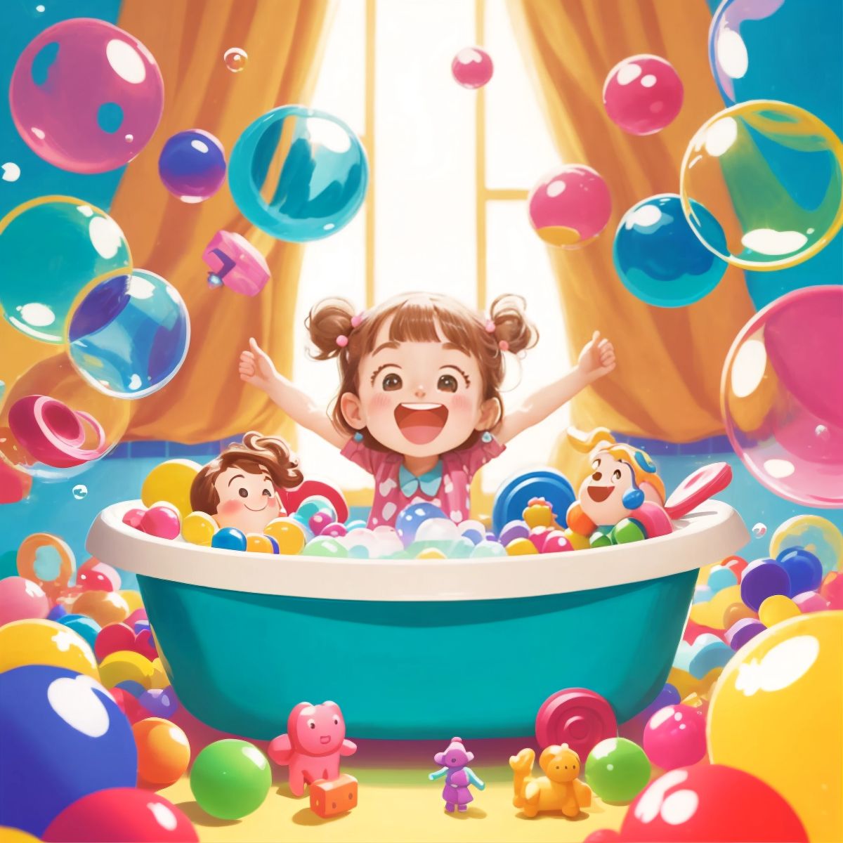 小鸭子 playing amidst bubbles in a bathtub, surrounded by colorful toys, with a look of excitement and wonder.