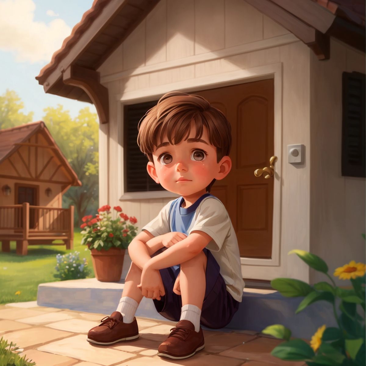 A teary-eyed Jake sitting on the front porch with his house in the background.