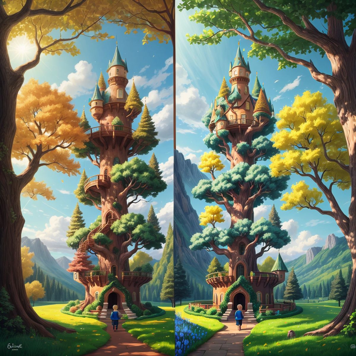 The tree castle in different seasons, showing the passage of time, symbolizing the enduring friendship of Otis and Theo.