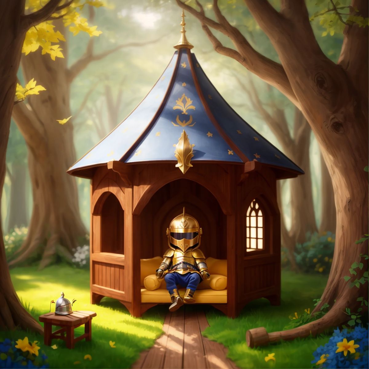 A knight's helmet resting on the wooden furniture inside the tree castle, symbolizing Otis and Theo's imaginative play.