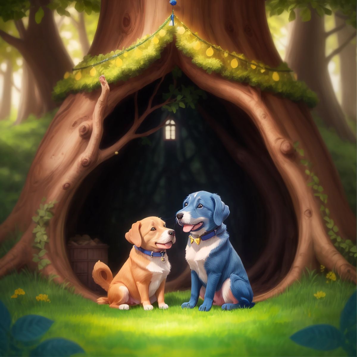 Theo with a smile, touching the enchanted tree's bark, while a cozy castle interior is visible inside the hollow trunk.