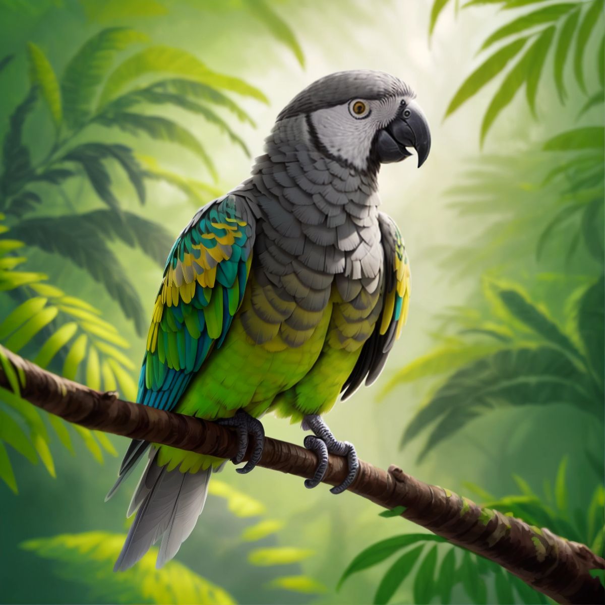 Gracie, the grey-feathered parrot, sitting alone on a branch with the lush greenery of the Brazilian rainforest in the background.