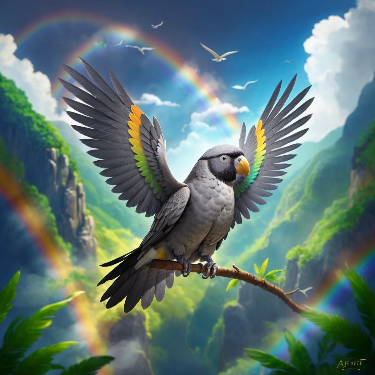 Gracie flying high in the sky with his new rainbow feathers, with the Brazilian rainforest below him basking in the light of the rainbow.