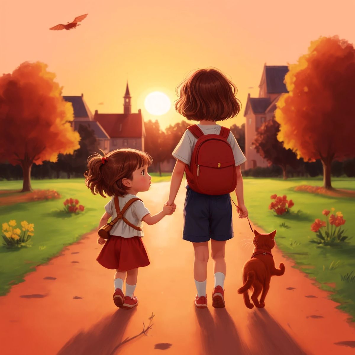 Ginevra and Gattino walking home, with the sunset behind them, ready for new adventures.