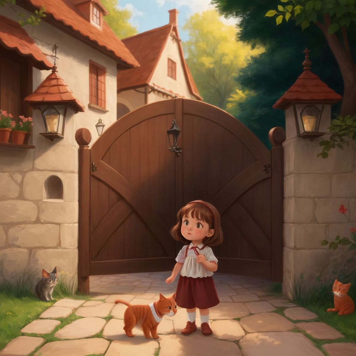 Ginevra with a curious expression peeking behind a gate with a timid cat, Gattino, approaching.