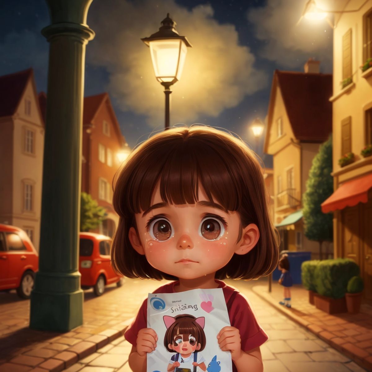 A tearful Ginevra holding a 'Missing Cat' poster under a streetlight.