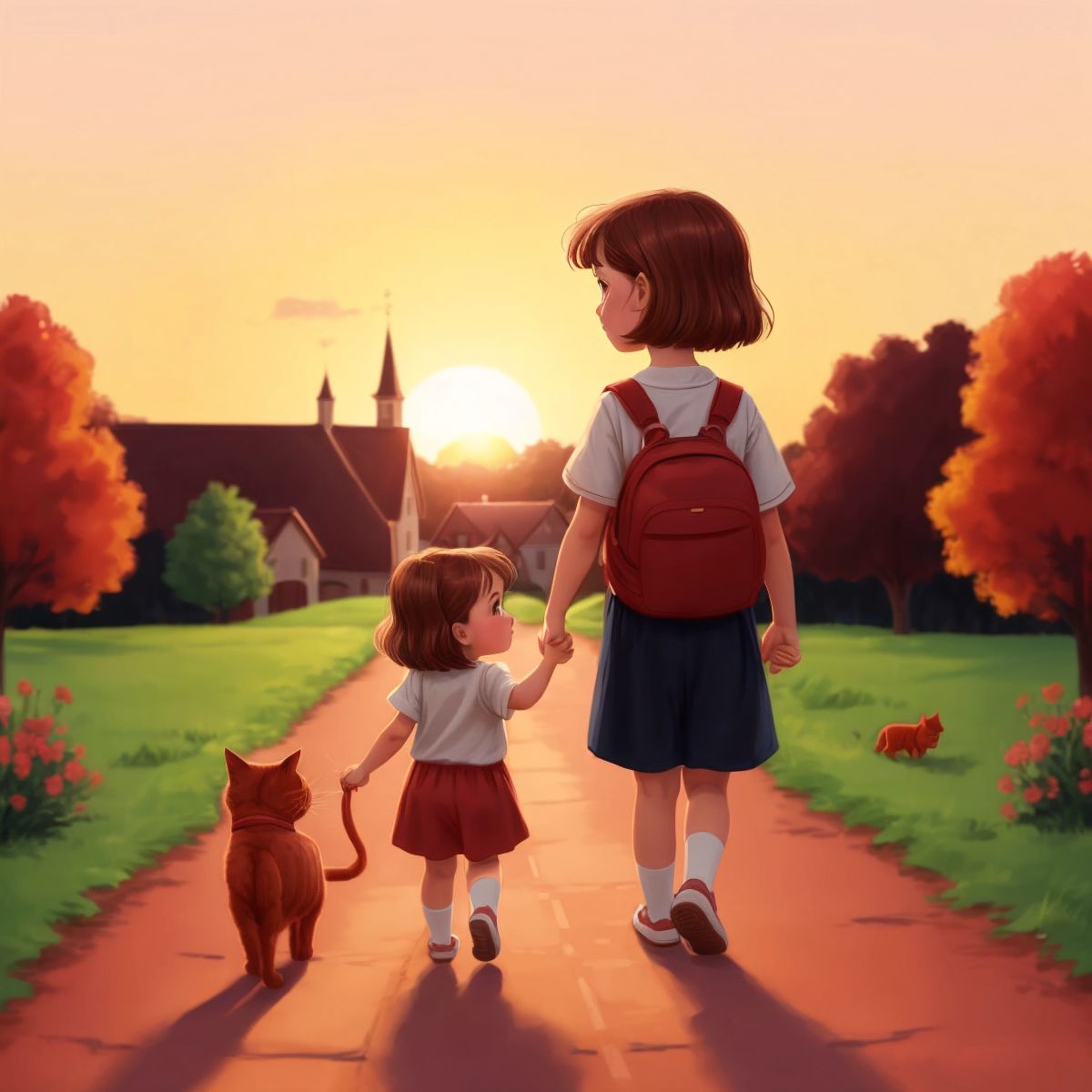 Ginevra and Gattino walking home, with the sunset behind them, ready for new adventures.