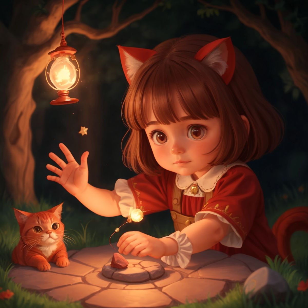 Ginevra using the magic stone with Gattino beside her, casting a protective spell.