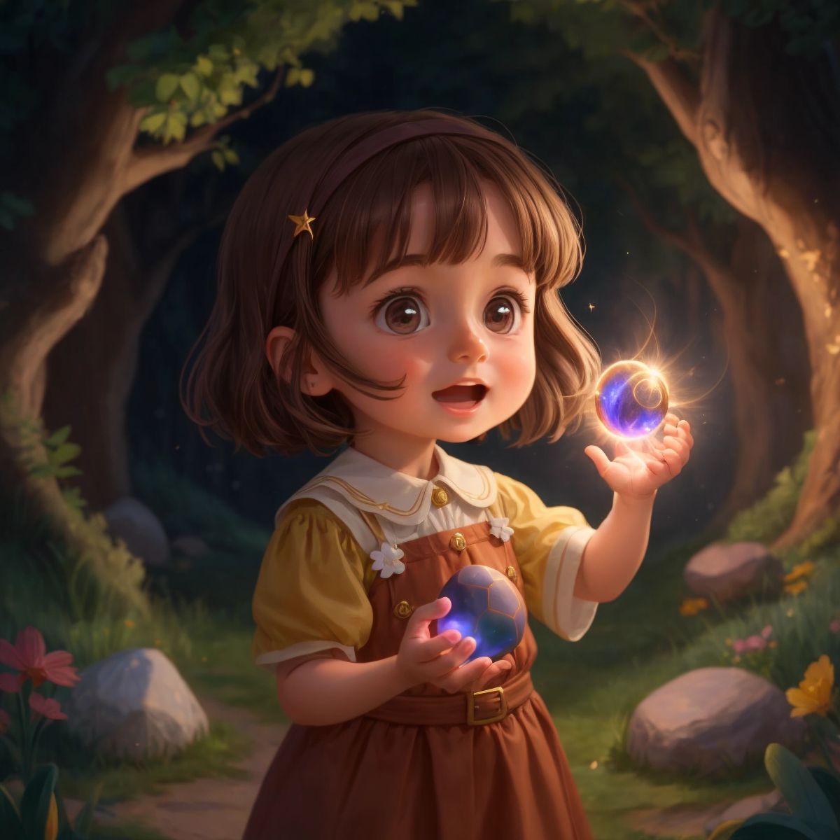 Ginevra holding a glowing magic stone with a surprised and delighted expression.