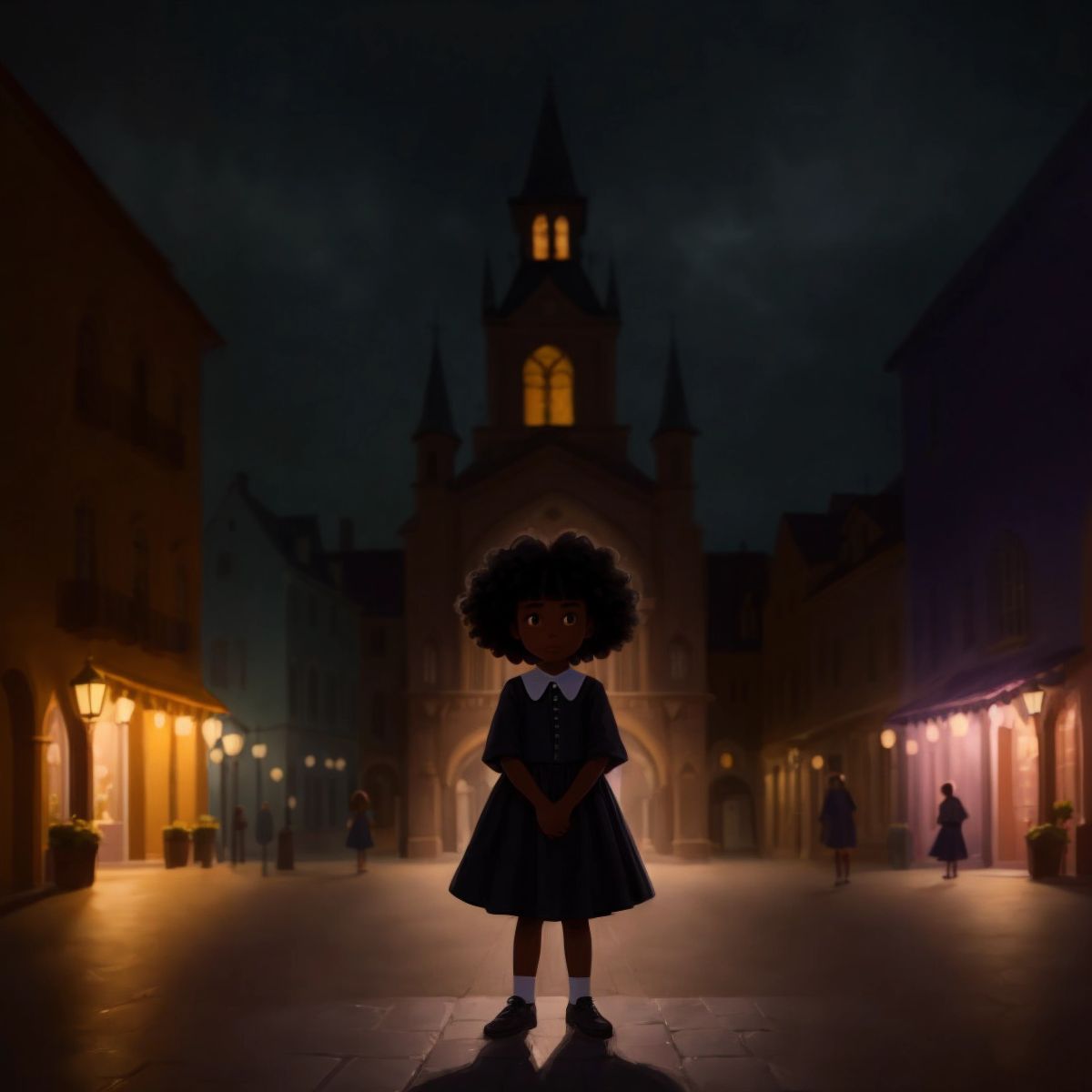 A shadowy figure lurking near a brightly lit town square, Este's determination visible as she holds the camera