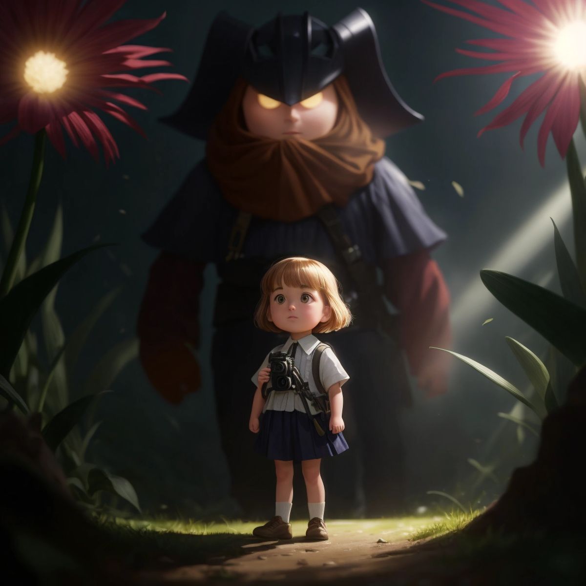 Lily standing confidently with a camera, as a burst of light repels the villain in the background