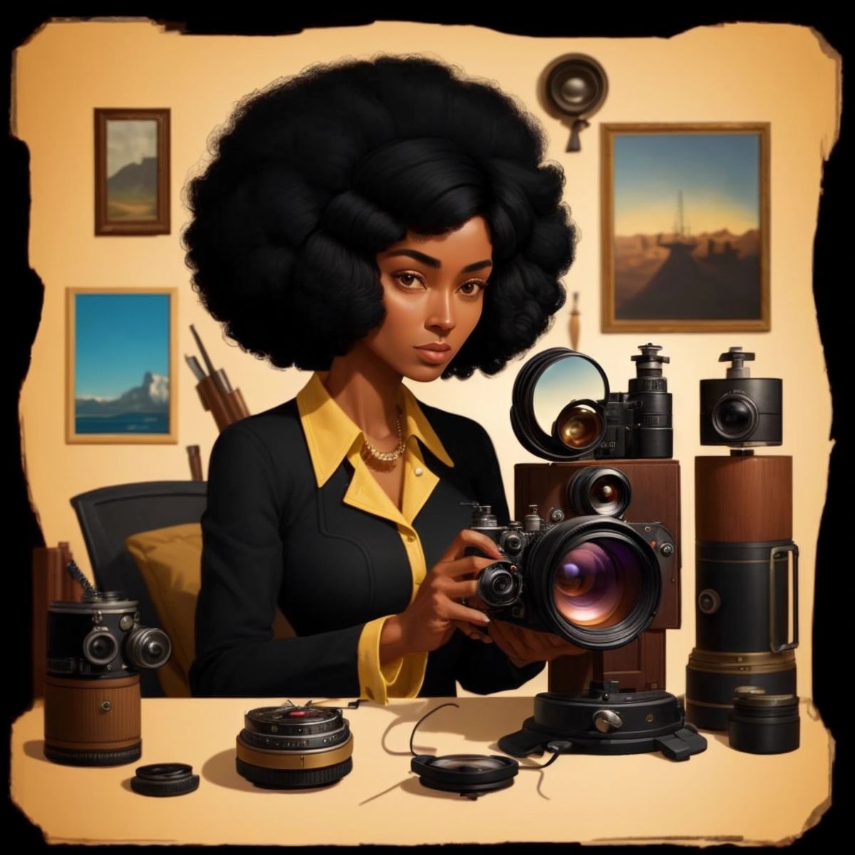 Este's mother examining an old camera with curious objects moving in the background