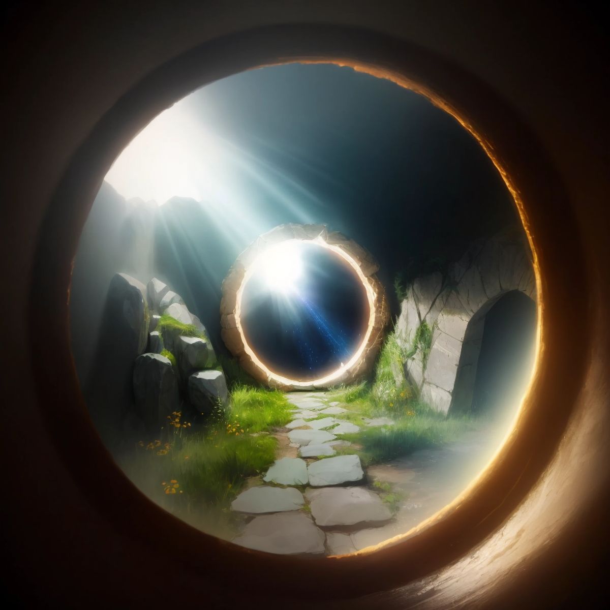 A shimmering portal showing a glimpse of the past in the camera's viewfinder