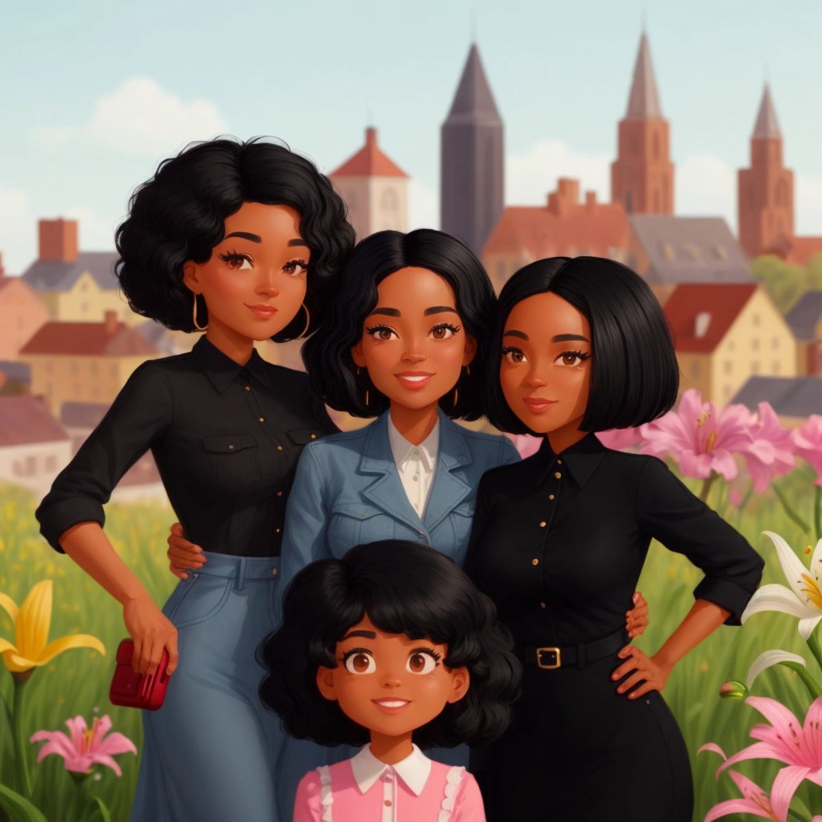 Este's mother, Este, and Lily taking a photo together, with the town flourishing in the background