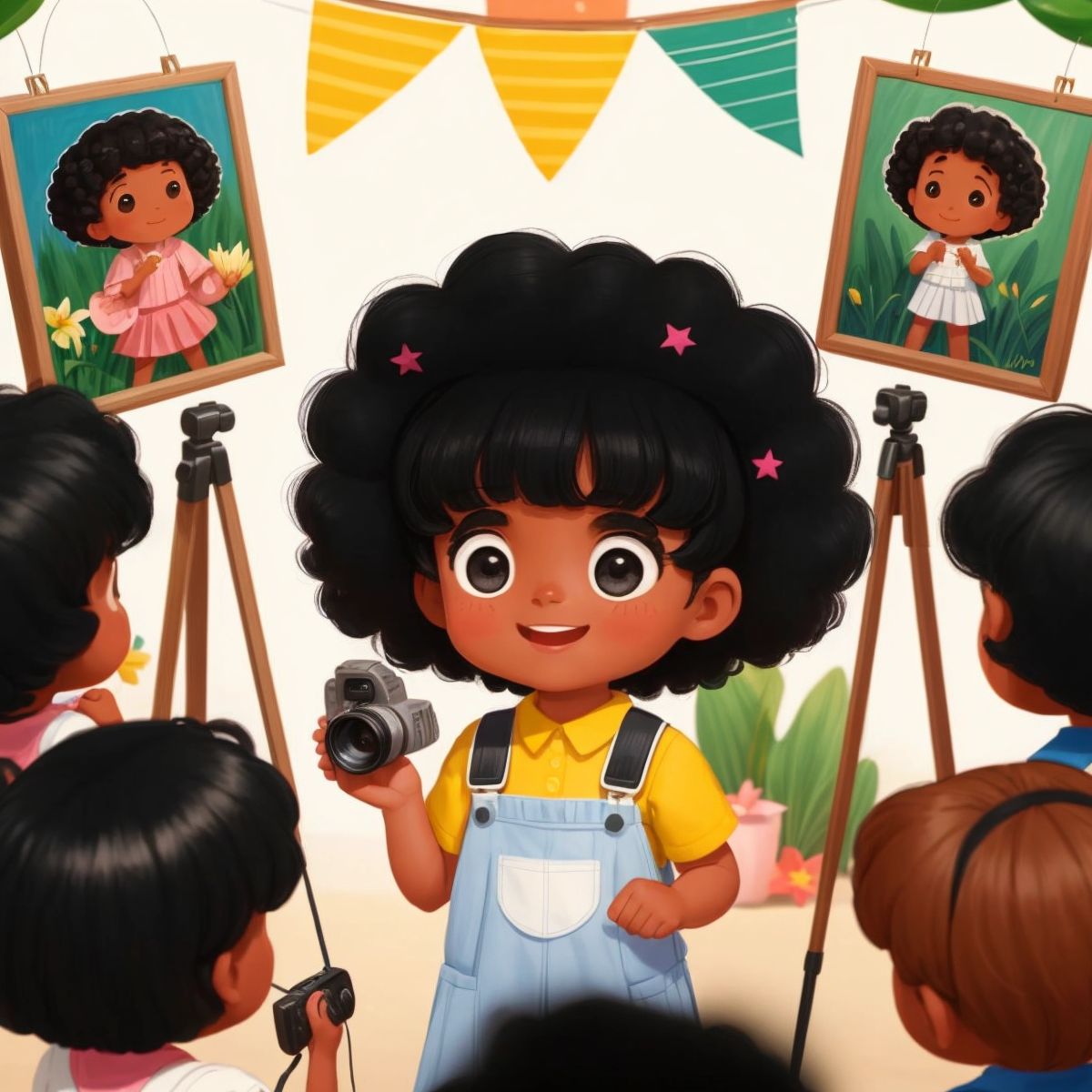 Este and Lily setting up a photo display with joyful images and a crowd gathering