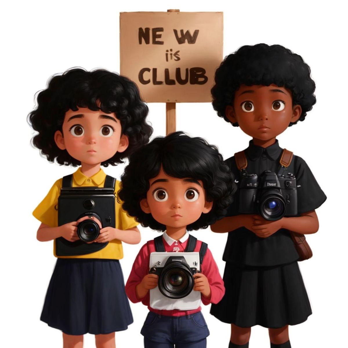 Este and Lily with a sign for their new photography club, with the town's children looking on eagerly