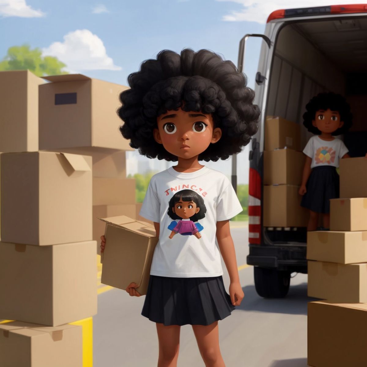 Este looking hesitant with moving boxes and a moving truck in the background