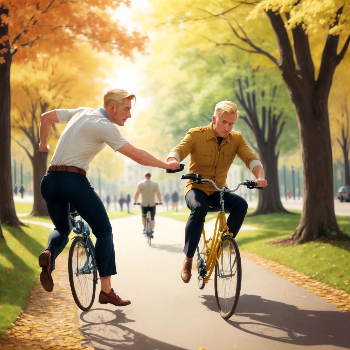 Gaby falling off a bicycle, with Papá reaching out to help him up, in a park setting.
