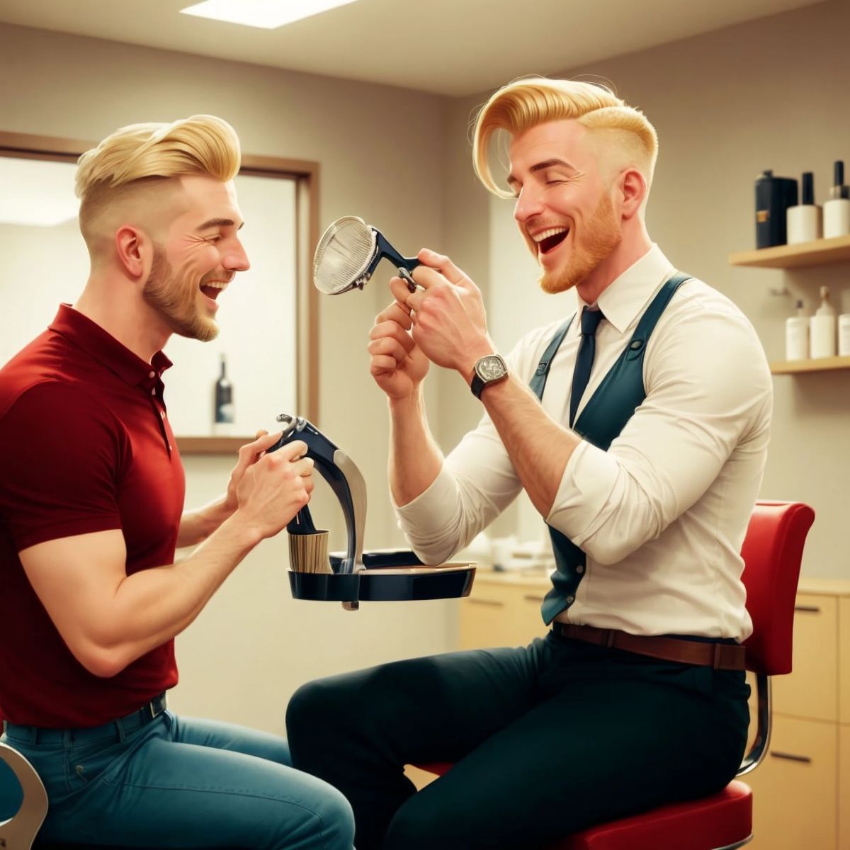 Gaby sitting in the barber's chair, laughing at a joke while getting his hair cut, with Papá standing next to him, telling the joke.