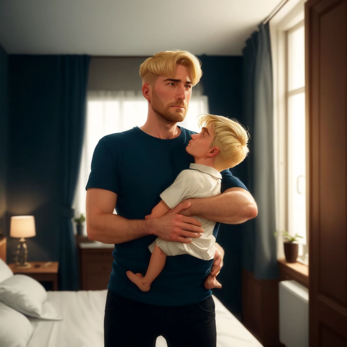 Gaby in bed with a worried look on his face in a dark room, and Papá entering the room to give him a reassuring hug.