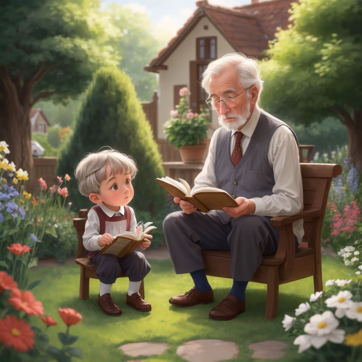 Grandpa with a storybook, Ollie listening intently, garden in the background.