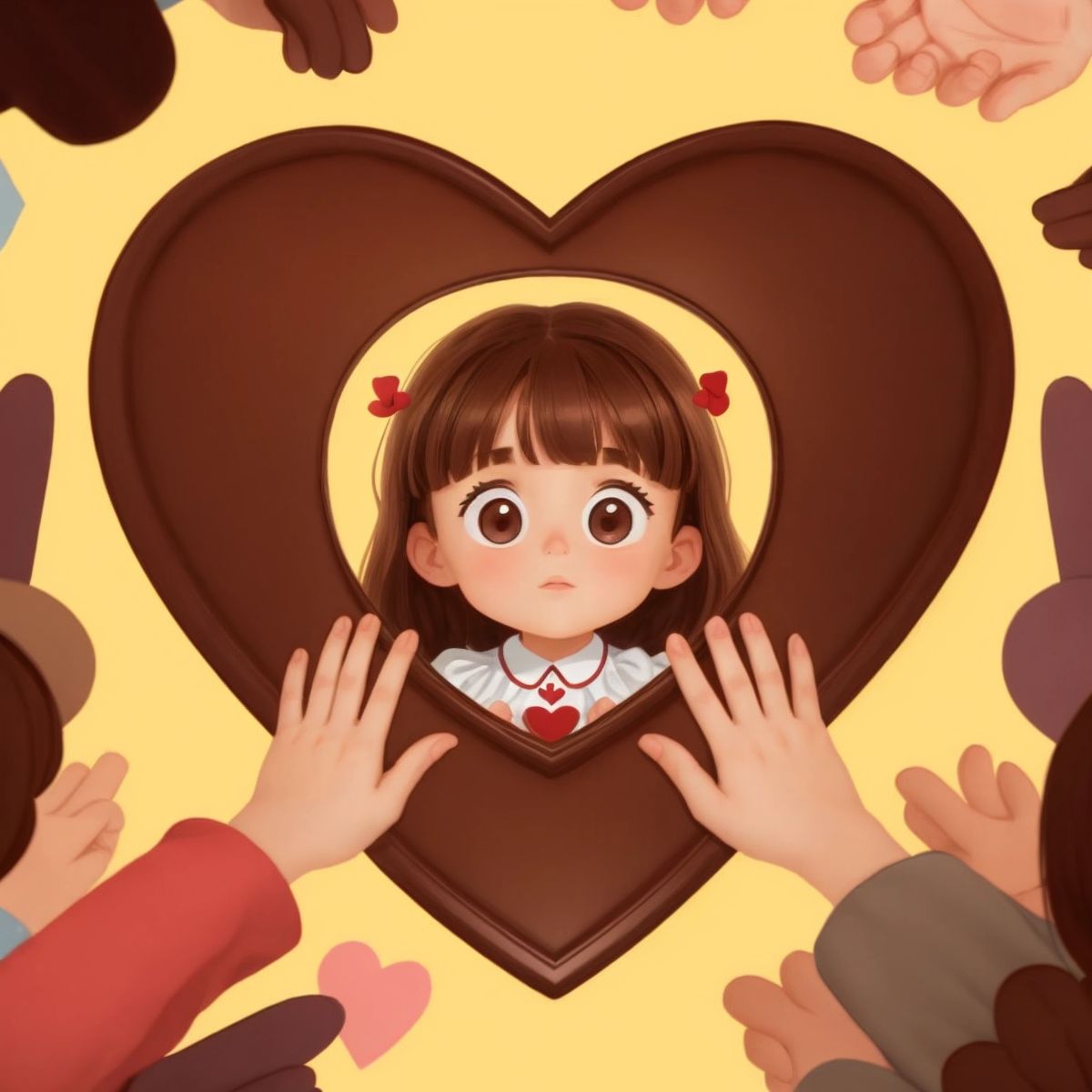 A heart-shaped frame with Ollie in the center, various hands and paws reaching in towards her.