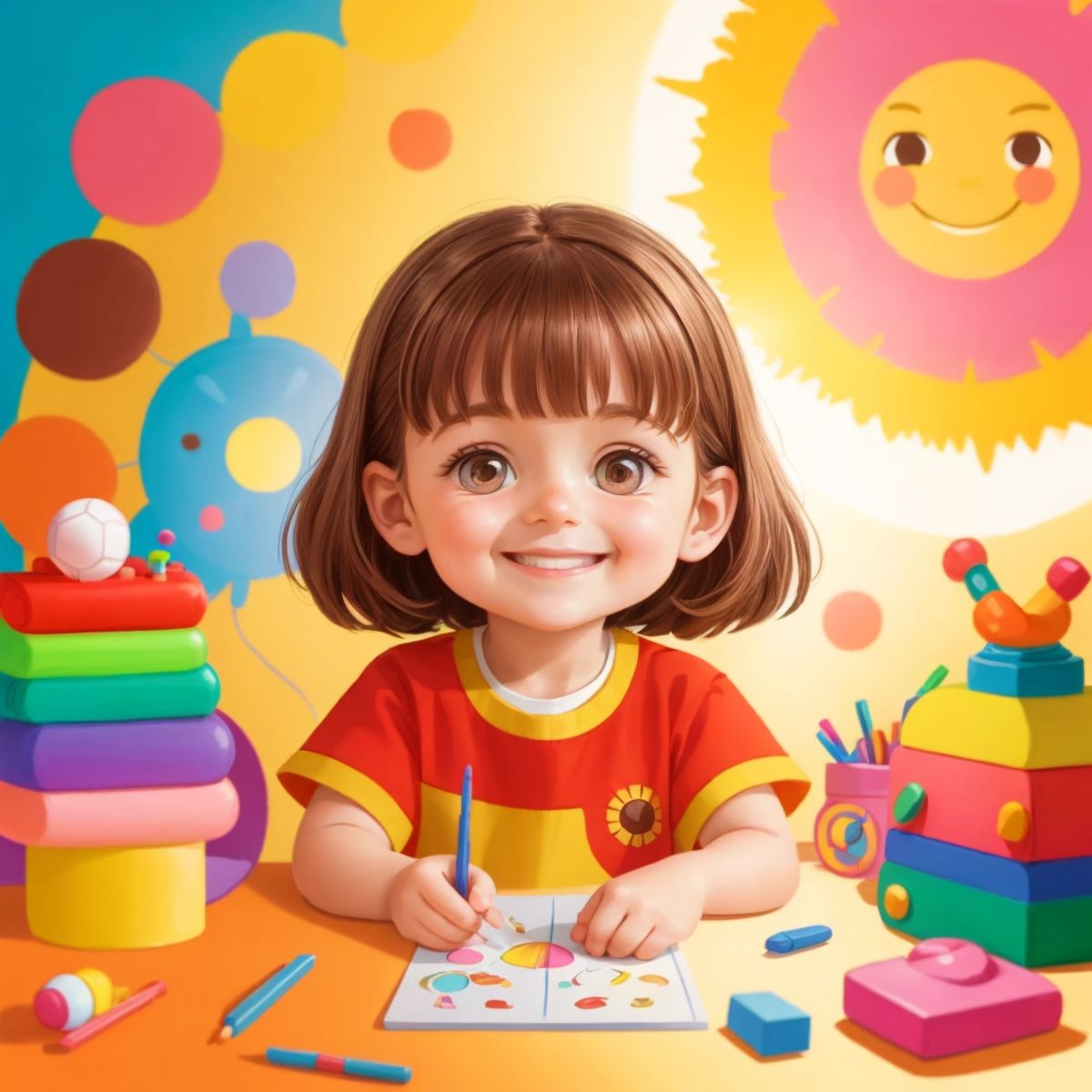 Ollie smiling brightly, surrounded by colorful toys and a drawing of a sun in the background.