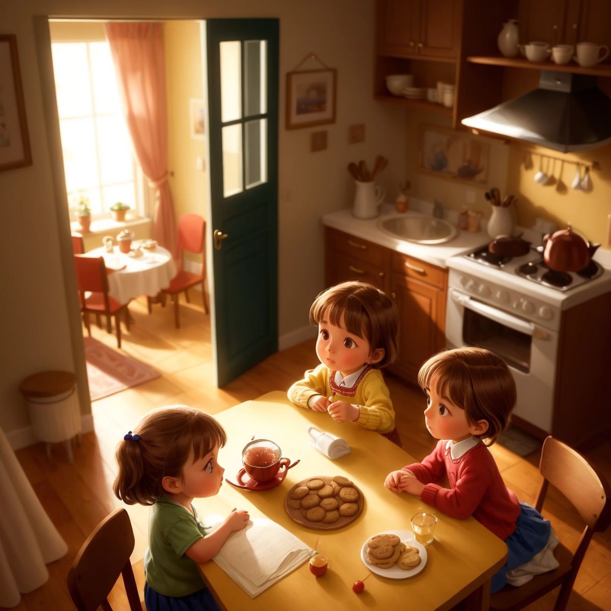 A warmly lit living room with Ollie's grandma in the kitchen visible through an open door, cookies on the table.