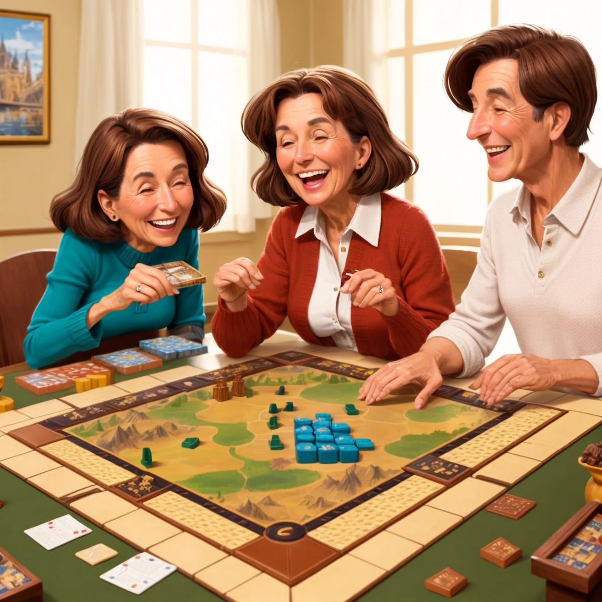 Ollie laughing with a board game spread out in front of her, with her parents' hands visible playing the game.